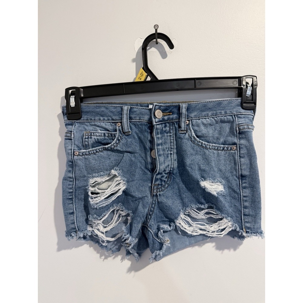RSQ Vintage High Rise Shorts Women 23 Blue Denim Button Fly Raw Hem Distressed